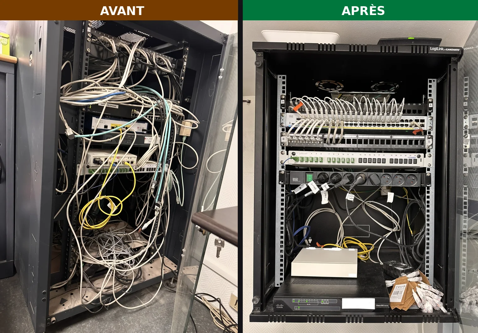 Baie de brassage — avant / après — installation No-Nc ELEC en PACA