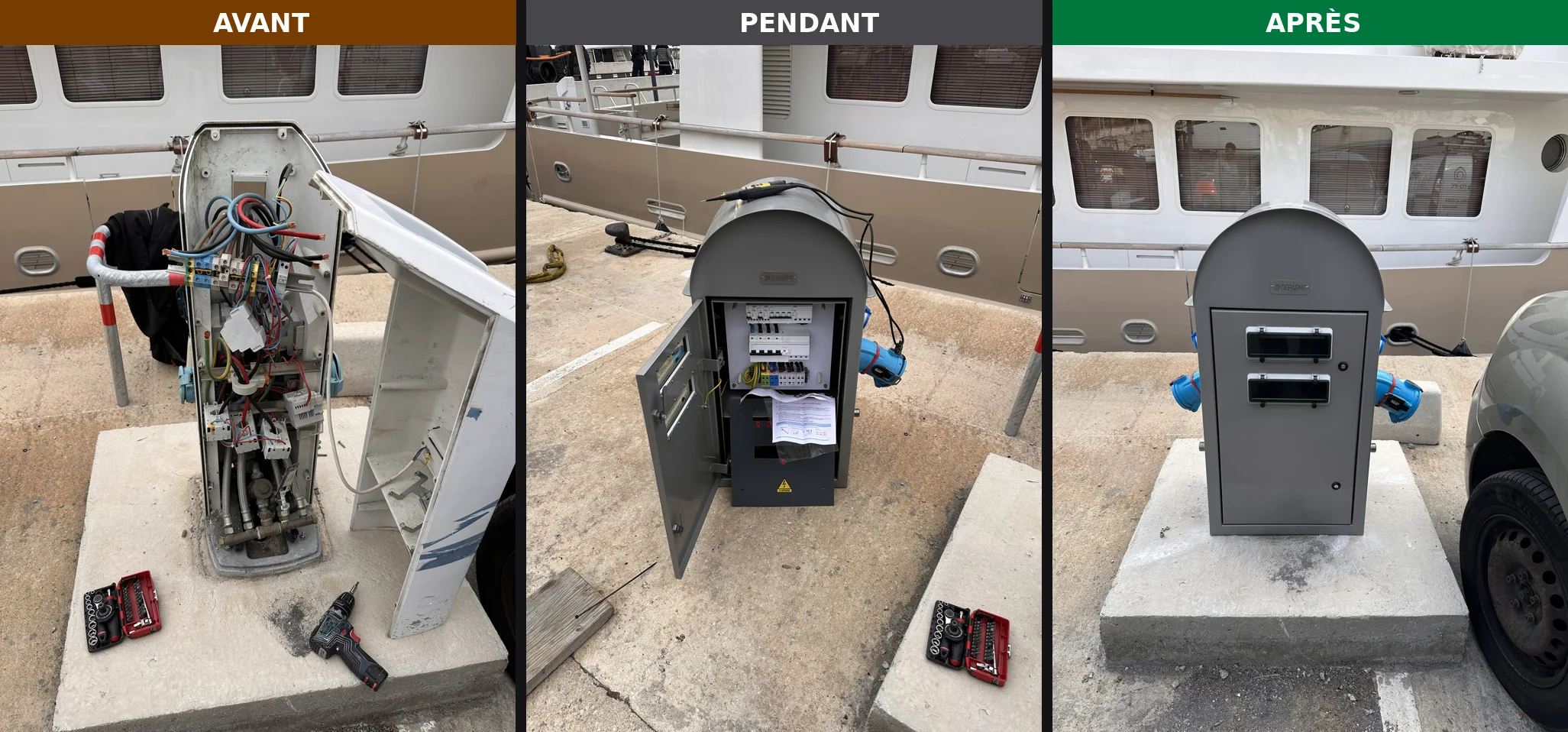 Borne marine de quai — avant/pendant/après — installation No-Nc ELEC en PACA