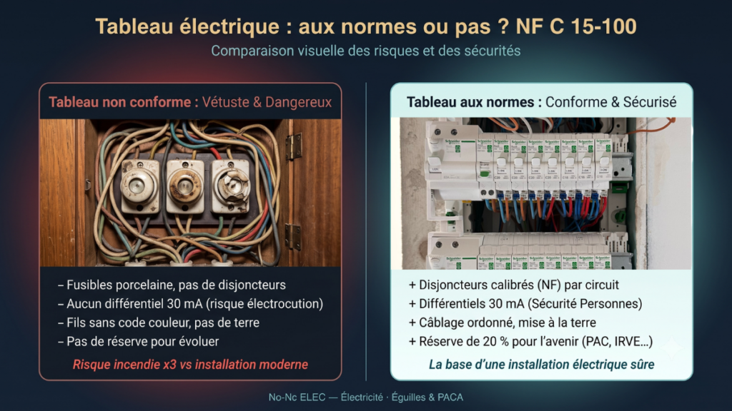 Tableau électrique aux normes NF C 15-100 comparé à un tableau non conforme