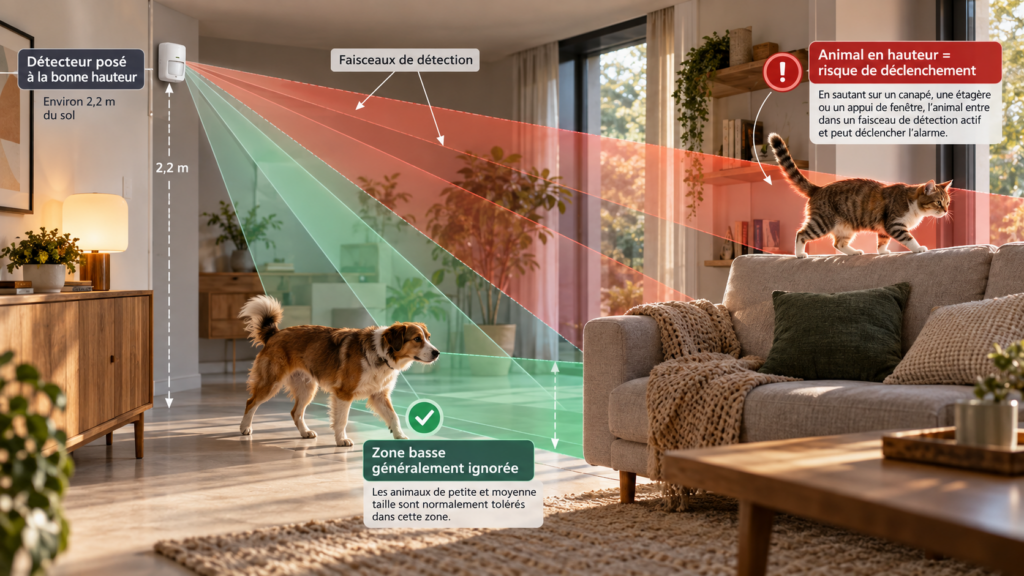 Schéma de placement d'un détecteur de mouvement pour éviter les fausses alertes d'alarme avec un chien ou un chat