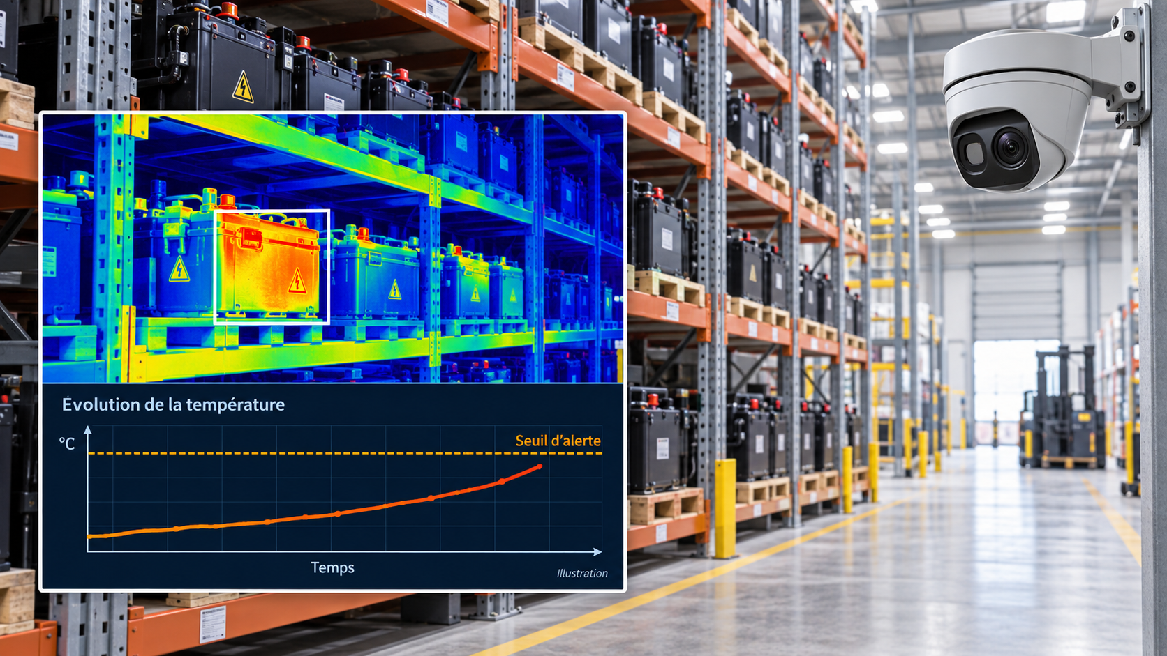 Détection départ de feu par caméra thermique : image thermographique montrant un point chaud anormal sur une batterie en entrepôt, avec courbe d'évolution de la température jusqu'au seuil d'alerte.